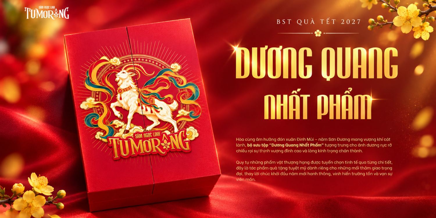 Thiết kế hộp quà Tết Dương Quang Nhất Phẩm 2027 với họa tiết dê, hoa mai và ánh dương